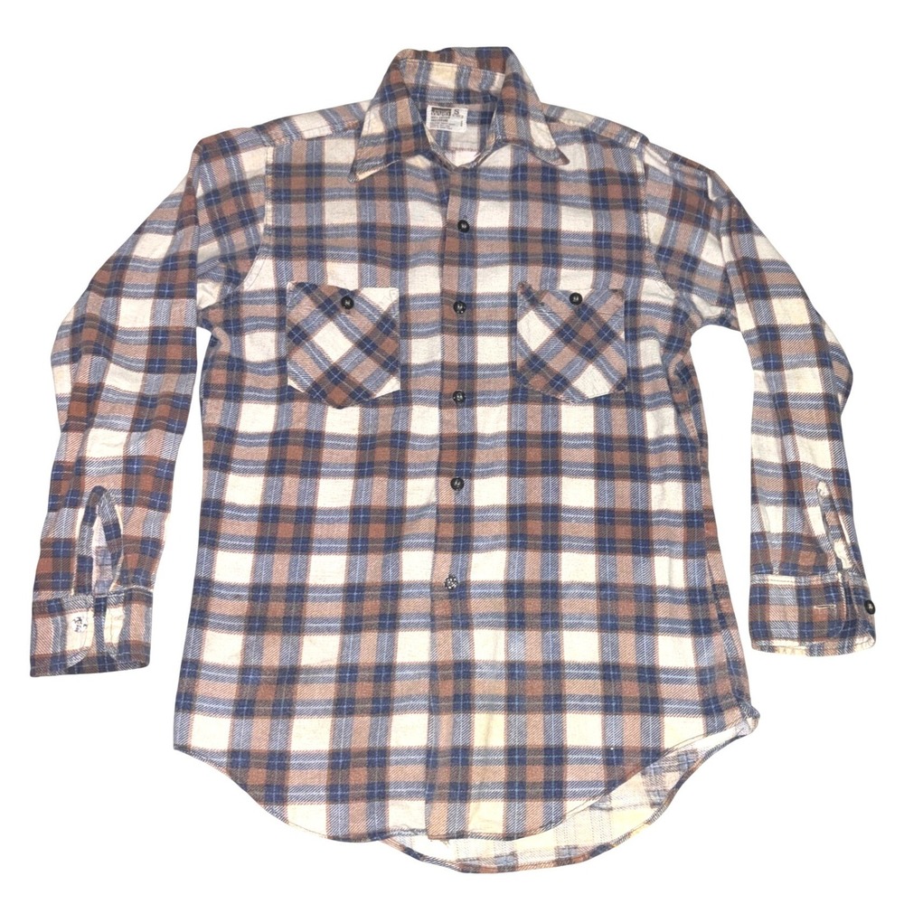 Montgomery Ward Vintage 70's Mens Sm Plaid Flannel Shirt Blue Brown Long Sleeve